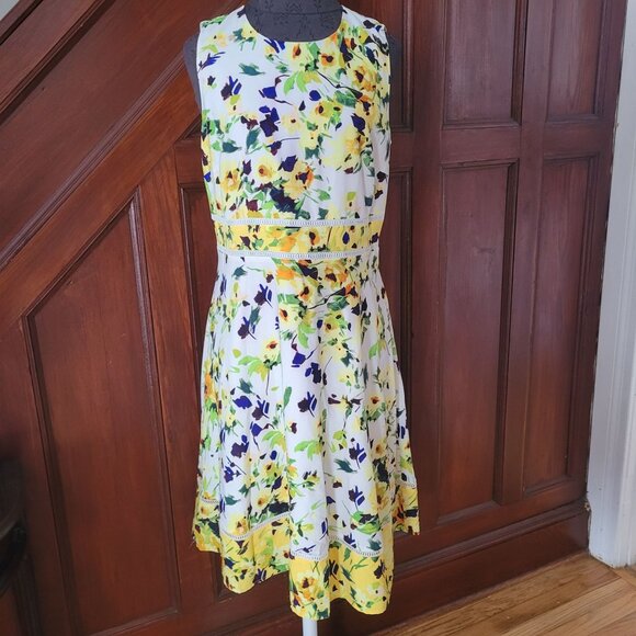 Karl Lagerfeld Paris Floral Sleeveless Dress Size 10 Yellow & White A-Line - Picture 1 of 7